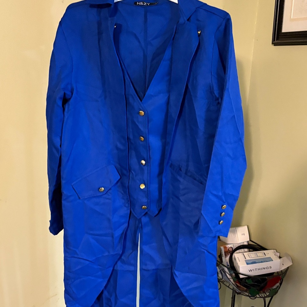 Royal Blue Women's Long Coat with Buttoned Vest